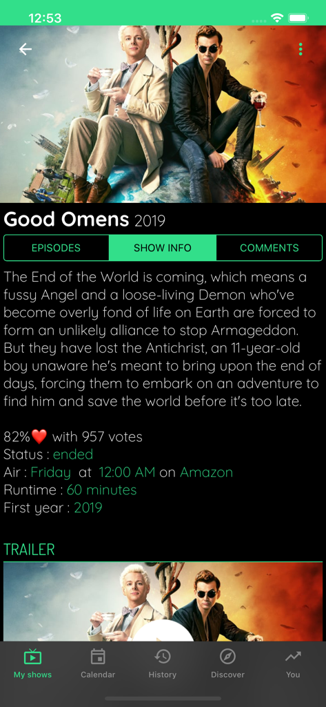 TV Show & Movie Tracker - TV Show and Movie Tracker app screen showing details and synopsis for Good Omens.
