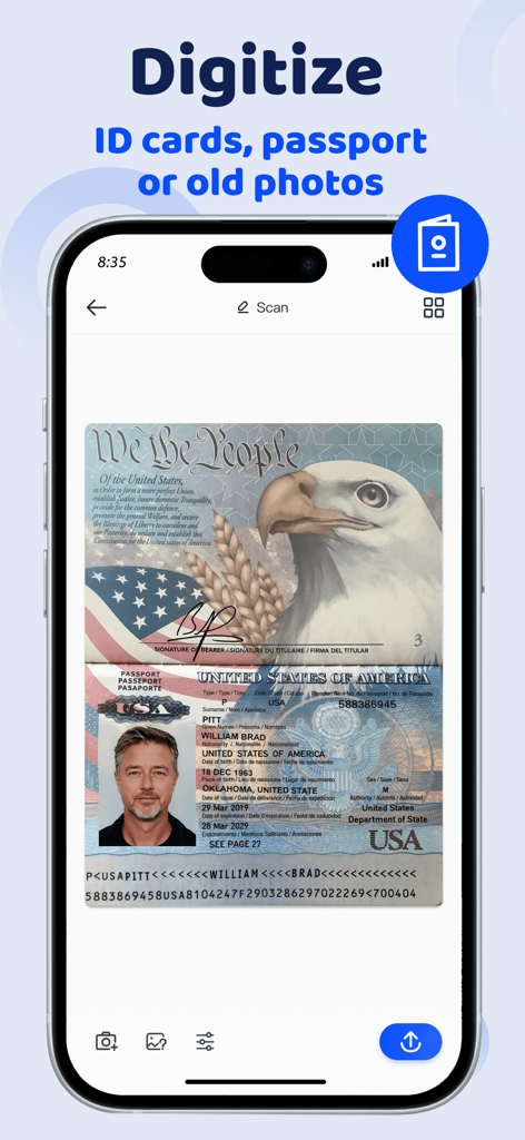 Scanner App: ScanMaster - ScanMaster app interface digitizing a US passport to store ID cards and photos securely