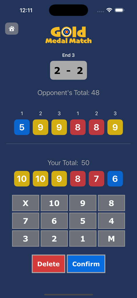 Gold Medal Match - Interfaz para puntuar un partido de tiro con arco contra un oponente virtual con totales de puntos y valores de flecha mostrados.