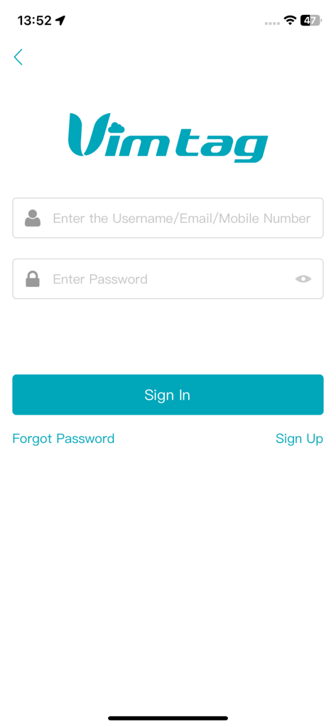 Vimtag - Vimtag mobile app sign in screen with username and password input fields