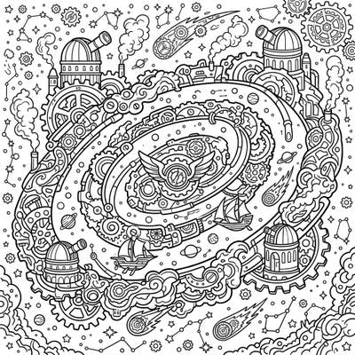 Dive into a breathtaking fusion of cosmic wonders and industrial fantasy with this unique Steampunk Galaxies coloring page. Discover an intricate universe where celestial bodies are powered by gears, steam, and imagination, ready for your creative touch.