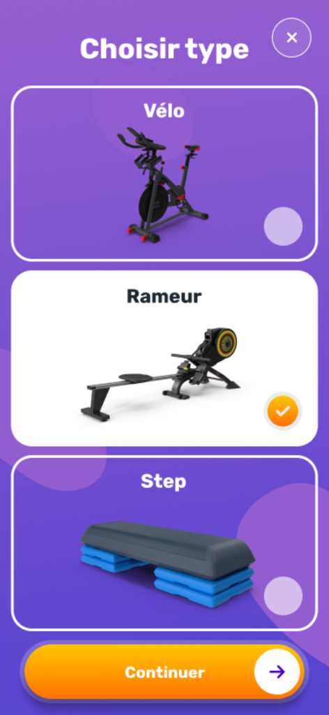Metsup - Cardio Test - Interface of the Metsup app for choosing the cardio test equipment including bike rower and step with the rower option selected
