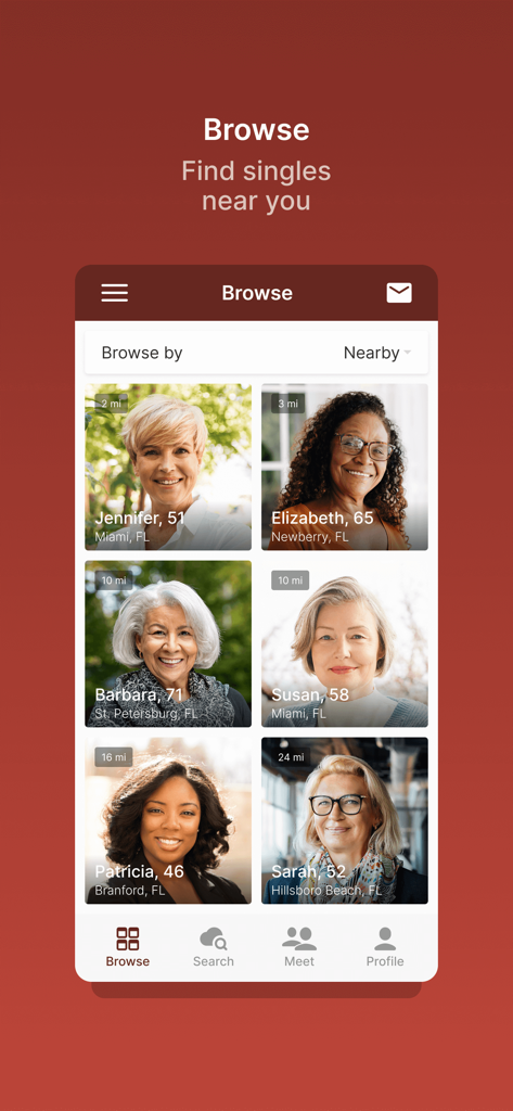 Widow Singles Dating App - Browse screen of the Widow Singles Dating App showing profiles of women with names ages and locations