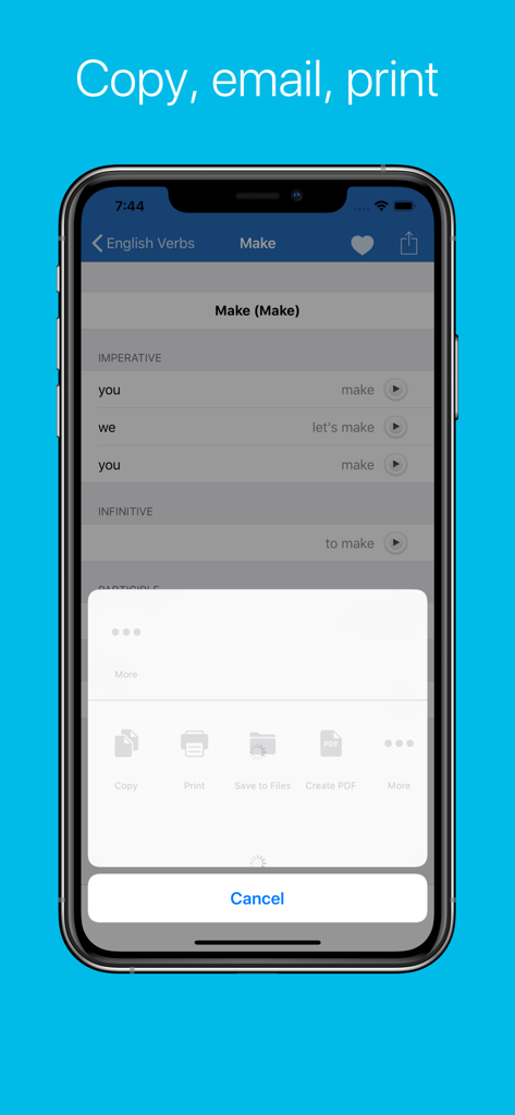 Interfaz que muestra opciones para compartir como copiar correo electrónico e imprimir conjugaciones de verbos en inglés.