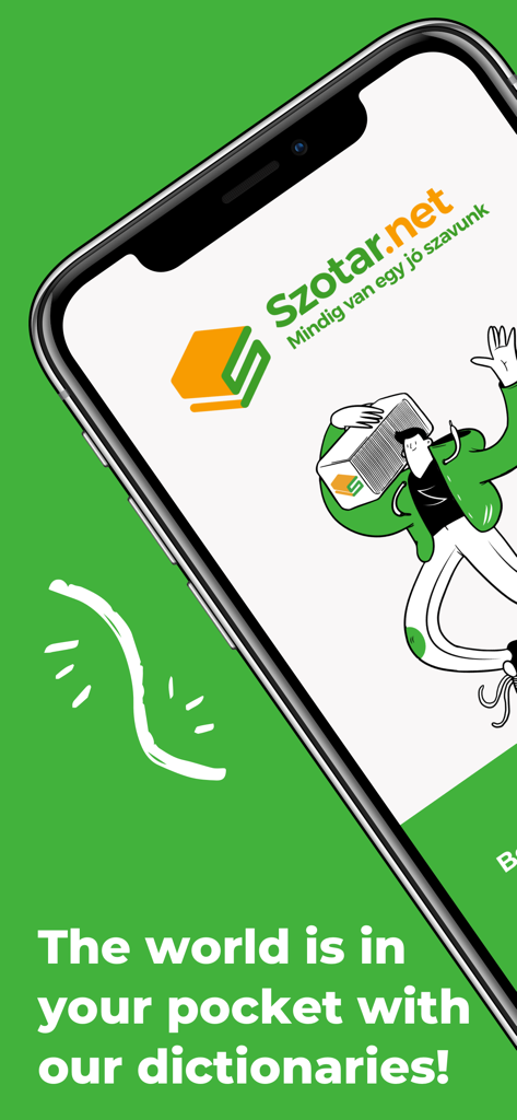 szotar.net - Splash screen of the szotar.net dictionary app on a smartphone with the slogan The world is in your pocket