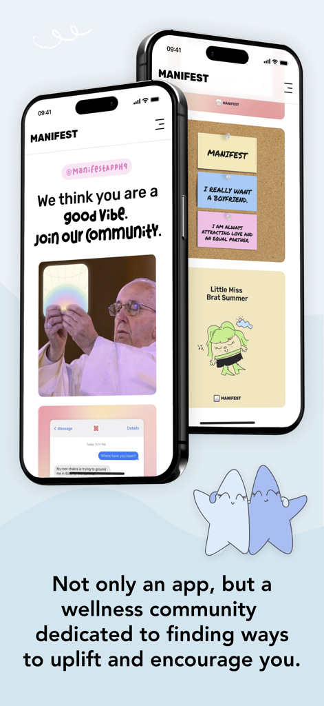 Manifest: Daily Journal - Dos iPhones que muestran la interfaz de la comunidad de la aplicación Manifest y funciones de bienestar con mascotas estrella