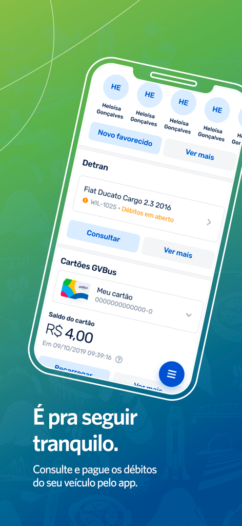 Banestes - Interface of the Banestes app showing vehicle debt payment and public transport card balance.