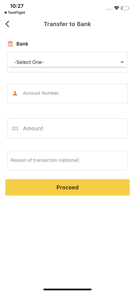 Kacha Customerアプリのインターフェース。口座と金額フィールドが表示された銀行振込フォームが表示されています。