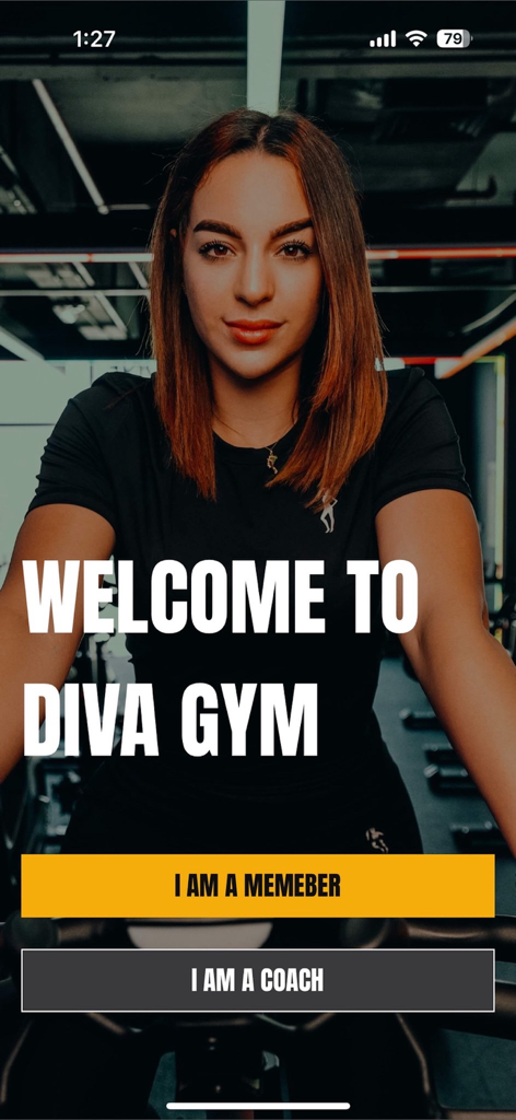 Welcome screen of the Fitness Map app for Diva Gym with options to log in as a member or coach