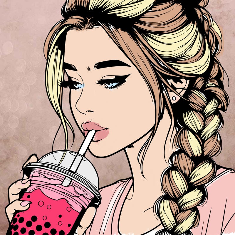 realistic girl drinking boba tea with braided hair