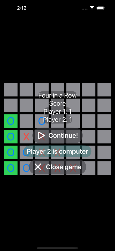 Tic Tac Toe & Four in a Row - Screenshot of Four in a Row game with score overlay and menu buttons