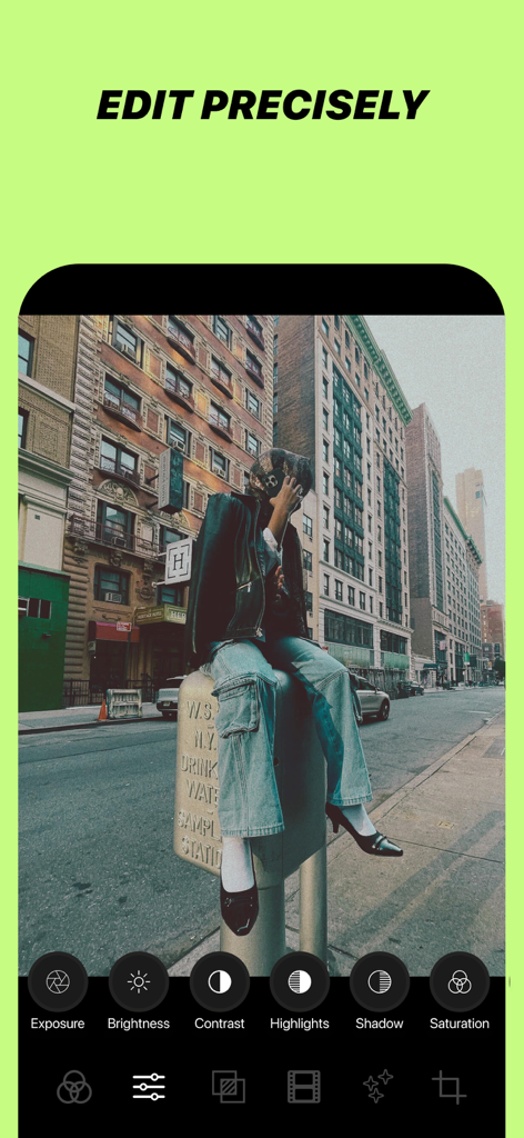 Interface of the ISM app showing manual photo adjustment tools like exposure and brightness on a city street photo