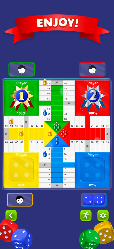 Un tablero de juego Parchís completado mostrando las clasificaciones de primer y segundo lugar y el progreso de los jugadores.