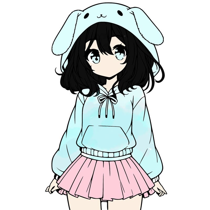 pretty anime girl wearing a fluffy hoodie with bunny ears on the hood and a skirt