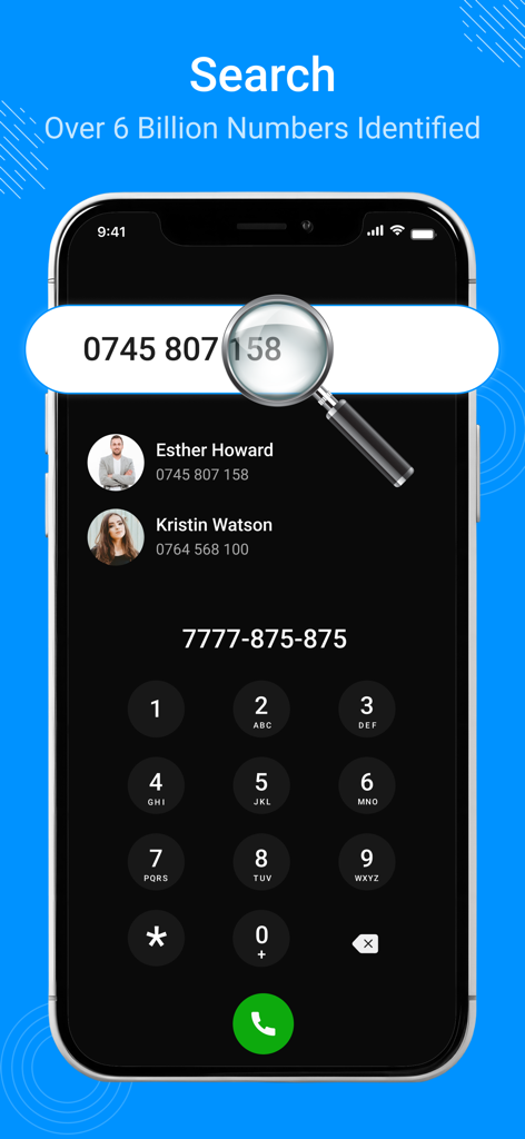 Caller App : Caller ID & Block - Pantalla de Caller App mostrando la búsqueda de un número de teléfono con resultados de una base de datos de 6 mil millones de números identificados.