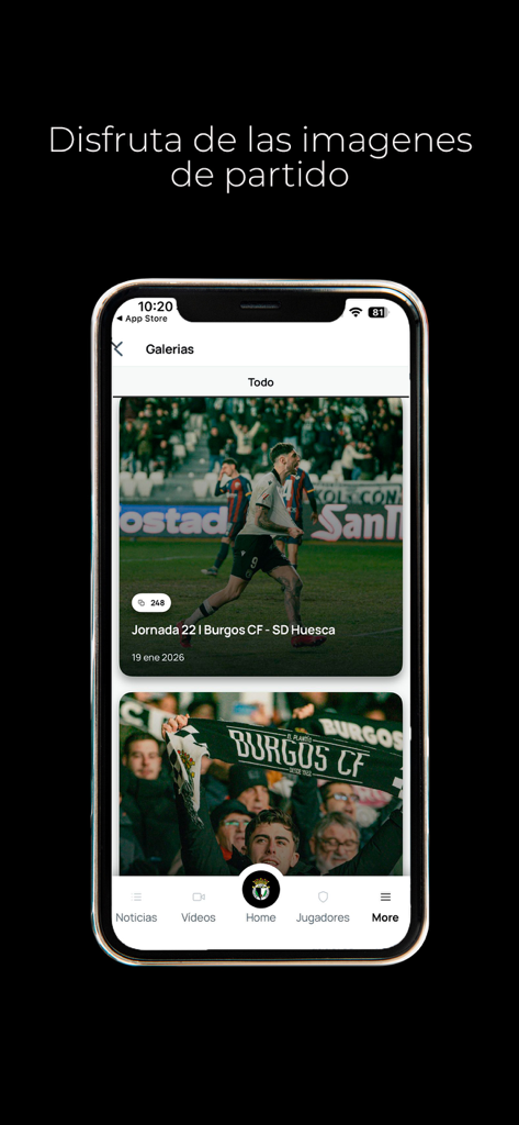 Burgos CF - App Oficial - Tela da galeria de fotos do aplicativo móvel oficial do Burgos CF exibindo imagens de partidas e de fãs