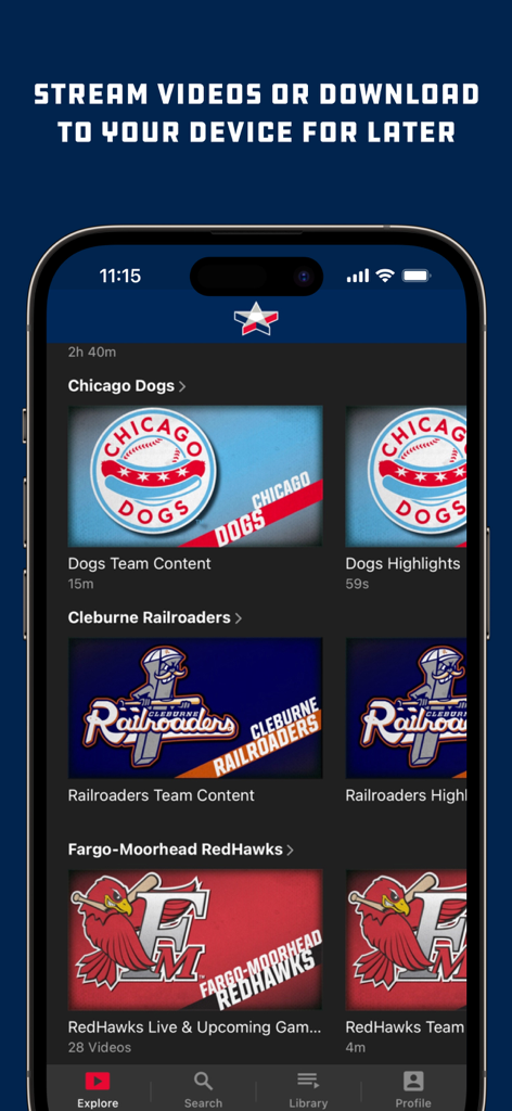 American Association TV - The American Association TV mobile app interface showing video sections for various independent baseball teams.