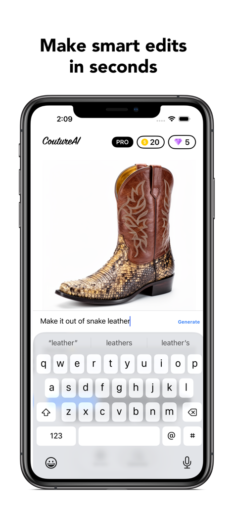 AI Outfit Generator Stylix - Mobile app interface showing the AI editing feature where a user changes a cowboy boot texture to snake leather using a text prompt