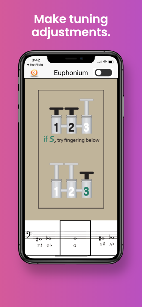 音楽スタッフ上の音Gのユーフォニアム運指とチューニング調整を示すモバイルアプリインターフェース