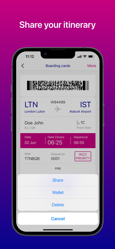 Tarjeta de embarque digital en la aplicación móvil de Wizz Air con opciones para compartir o guardar en la cartera