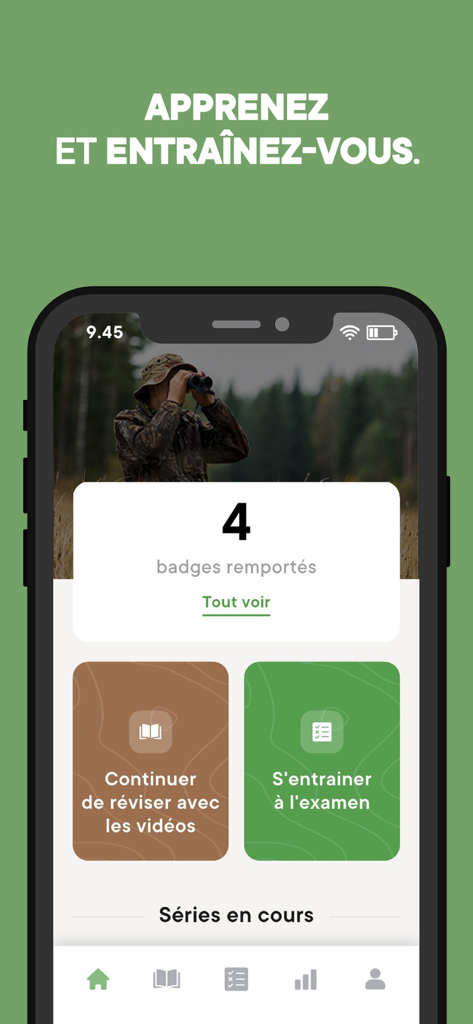 Chassexam - Panel de control de la aplicación Chassexam que muestra las insignias ganadas y los módulos de estudio para el examen de licencia de caza