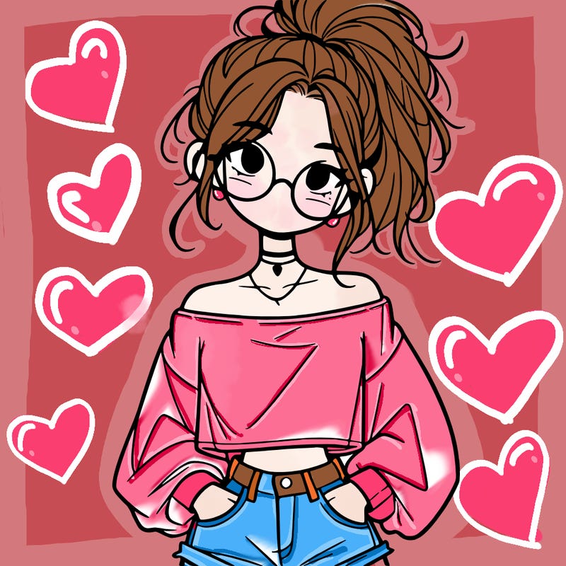 girl with a messy ponytail glasses a baggy crop top and jean shorts