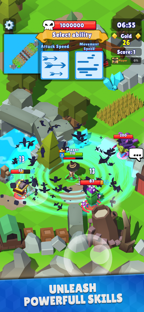 Hunt Royale: Action RPG Battle - Hunt Royale gameplay showing ability selection during a voxel action battle