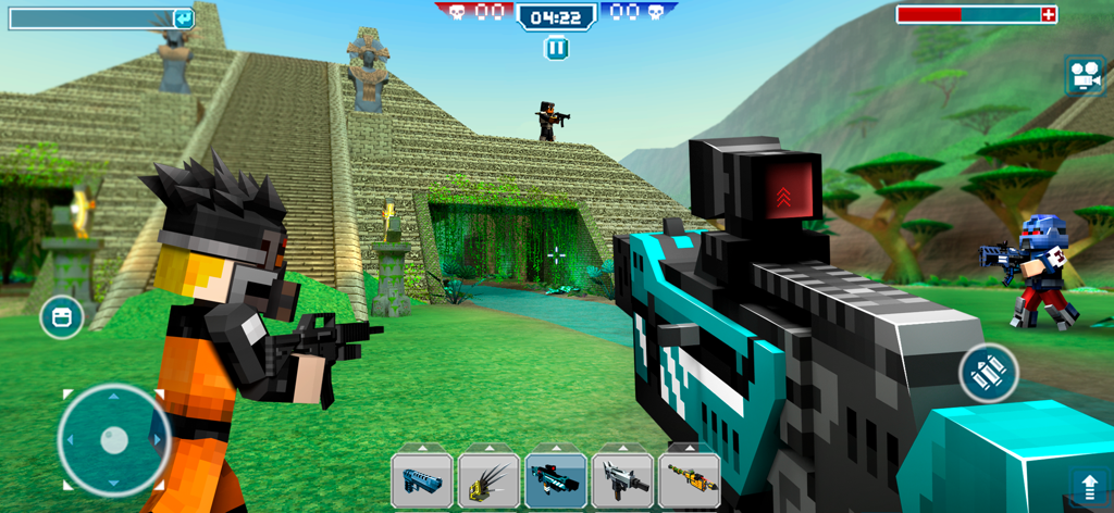 Blocky Cars - tank games - Jugabilidad de disparos en primera persona en Blocky Cars mostrando personajes y armas pixelados en una arena tropical 3D.