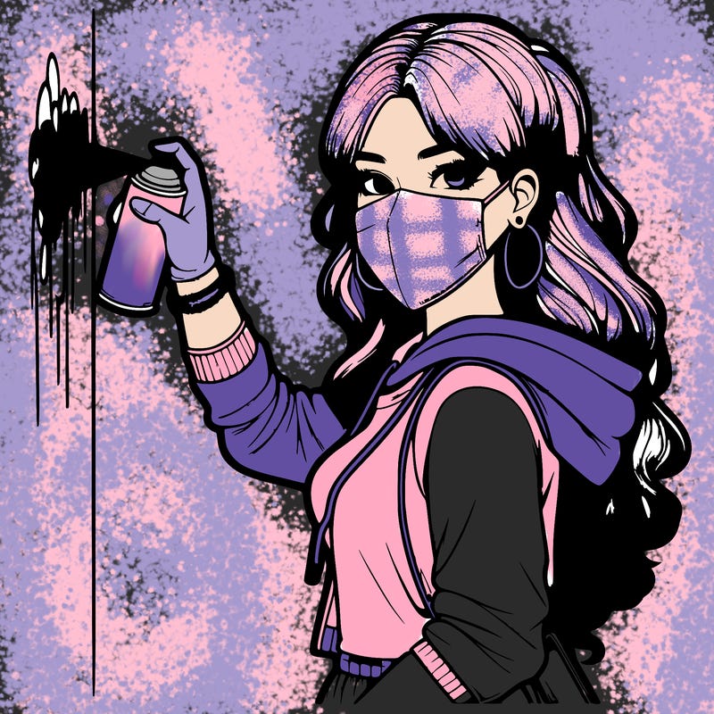 realistic girl with mask spray painting a wall