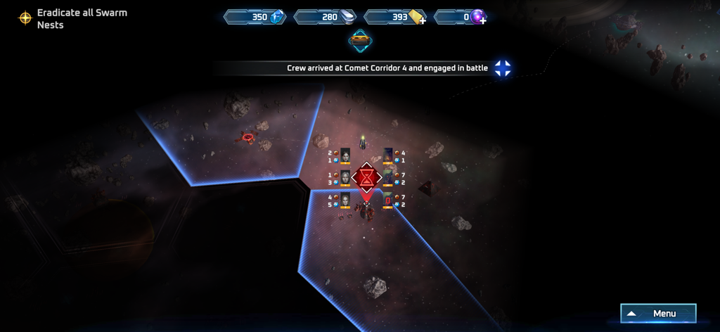 Sol Frontiers - Idle Strategy - A tactical space battle map in Sol Frontiers showing crew portraits and combat icons in Comet Corridor 4