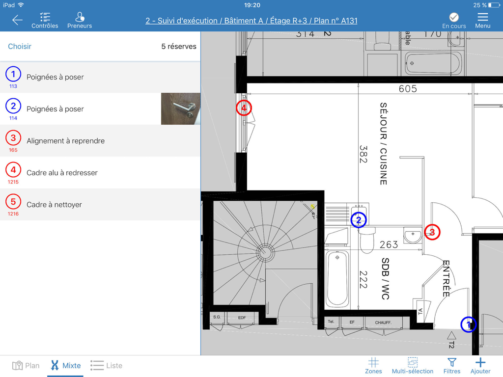 Kaliti for iPad - Digital floor plan on iPad with numbered pins corresponding to a site observation list