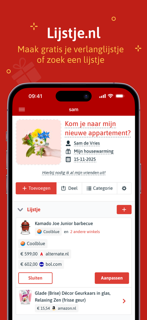 Lijstje.nl - Interface do aplicativo móvel Lijstje.nl mostrando a lista de desejos de inauguração de casa de um usuário com ideias de presentes e comparações de preços de lojas.