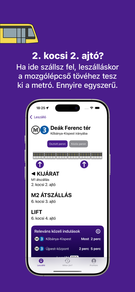Leszálló: Get there faster - Screenshot of the Leszálló app showing optimal subway car and door positions for exits and transfers at Deak Ferenc ter station in Budapest