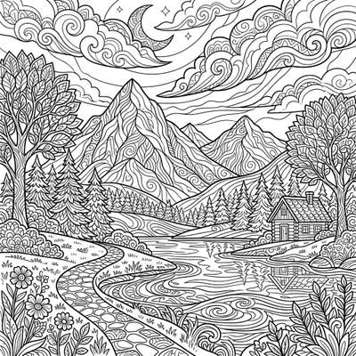 Immerse yourself in the tranquility of nature with this highly detailed mountain and lake landscape coloring page. This intricate design offers a mindful escape, perfect for adults and teens seeking a creative challenge.