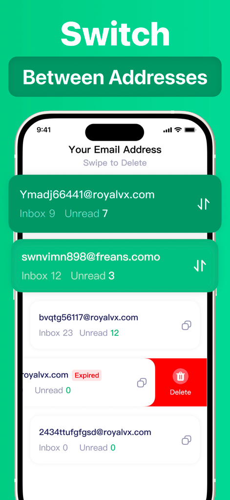 Temp Mail Pro ™ - A mobile interface for Temp Mail Pro showing a list of multiple temporary email addresses and a switch between addresses feature