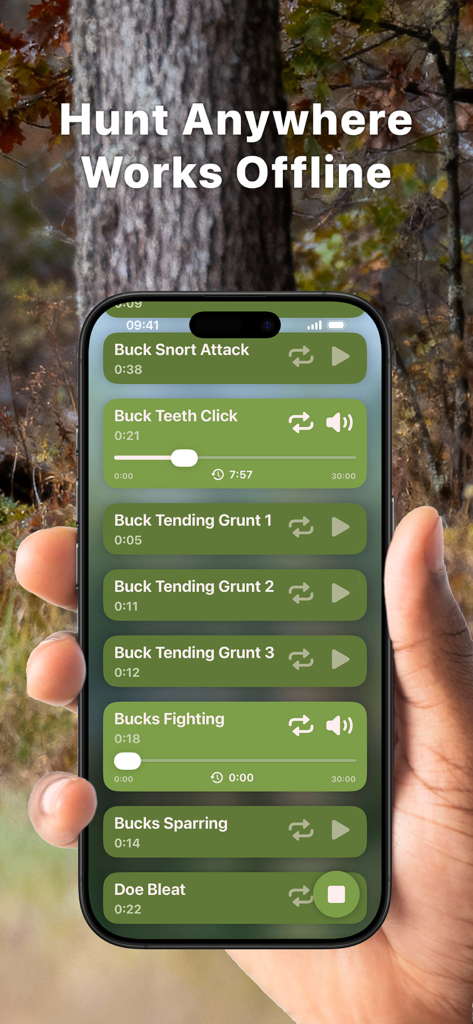 iPhone screen displaying the Hunting Calls Deer app interface with various buck and doe calls over a forest background