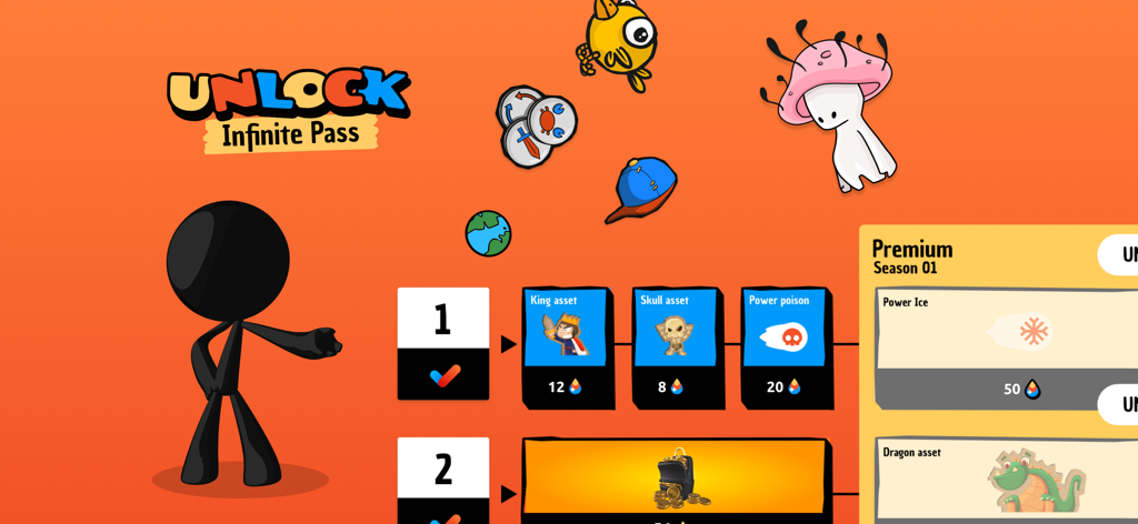 Draw Your Game Infinite - Unlock screen for the Infinite Pass showing various game assets power ups and character customizations