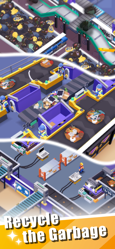 Garbage Tycoon - Idle Game - Vista isométrica de una fábrica de reciclaje con trabajadores y cintas transportadoras clasificando basura.