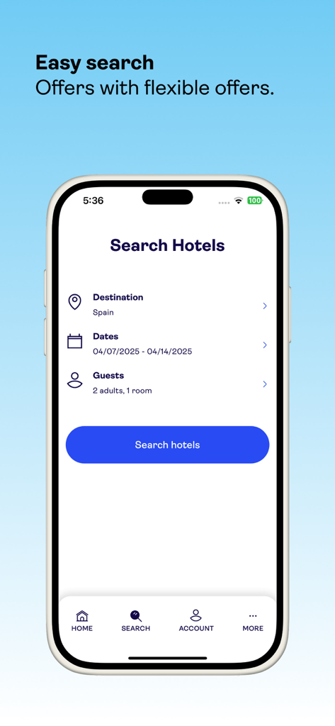 TUI amello - TUI amello mobile app hotel search interface showing destination, dates and guests fields