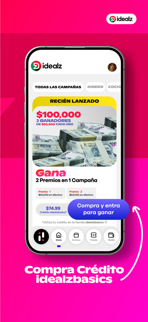 Interfaz de la aplicación Idealz Mexico mostrando una campaña de premio en efectivo de 100.000 pesos y una opción para comprar crédito de compras para participar.