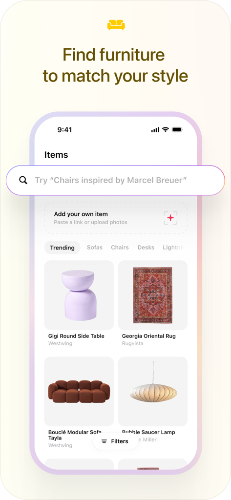 Spacia: AI Home Design - A mobile app screen for Spacia AI Home Design showing a furniture search and catalog with various home decor items like tables and rugs
