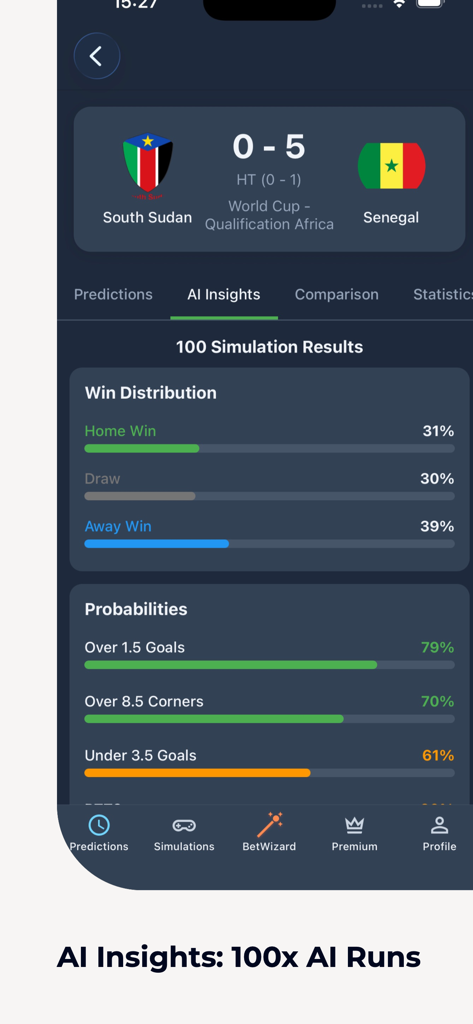 FutPre – AI Football Tips - FutPre app interface showing AI match insights and 100 simulation results with win distribution and goal probabilities.