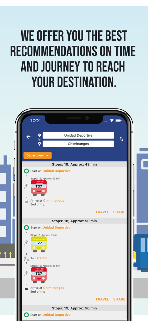 Screenshot of Rutas MIO app displaying travel time and bus route options in Cali Colombia