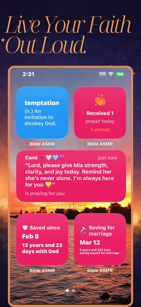 Bible ASMR - Bible ASMR app widgets showing a prayer from a friend and personal faith milestones