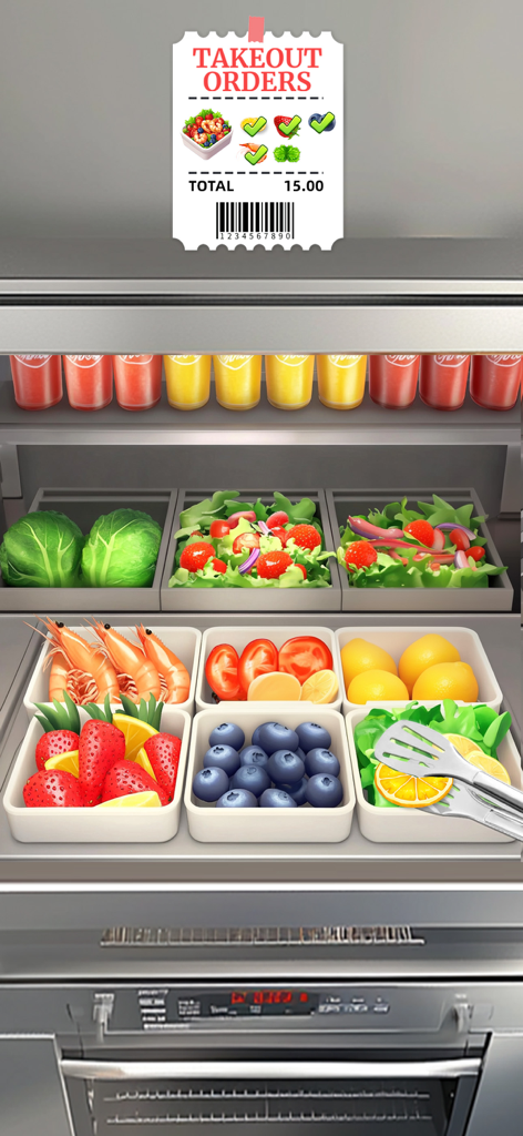 Cooking Fun®: Food Games - Stazione di preparazione in cucina con ingredienti freschi per insalate e una ricevuta d'ordine da asporto nel gioco Cooking Fun.