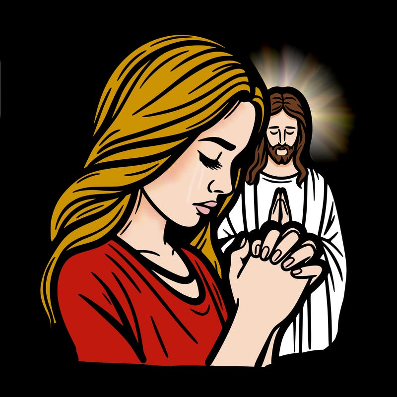 praying female hands with jesus by her side