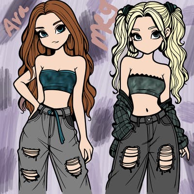 2 girls in crop tops and baggy jeans ripped