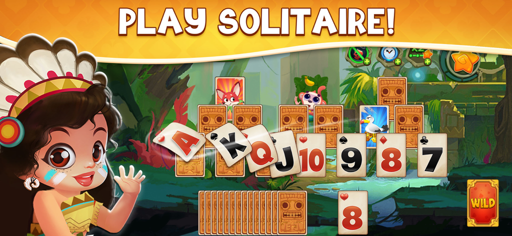 Tri Peaks Solitaire 2026 - Tri Peaks Solitaire 2026 gameplay screen with a tropical island theme and cute cartoon characters