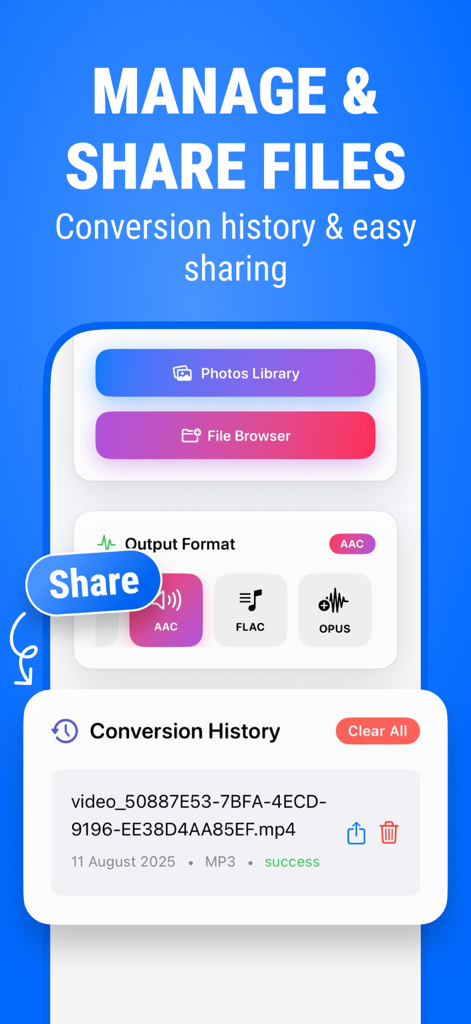 MP4 to MP3 - Audio Converter - Interface showing audio conversion history and sharing options in the MP4 to MP3 app