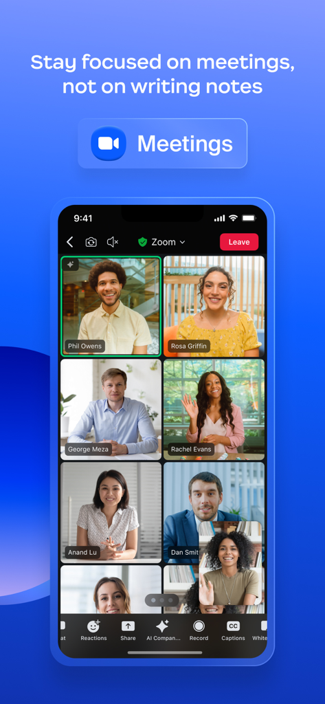 Una videochiamata di gruppo sull'app Zoom Workplace per Intune che mostra più partecipanti in una visualizzazione a griglia su uno schermo mobile